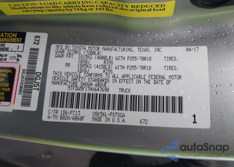 2017 Toyota Tundra Sr5 5.7L V8 from USA, damaged, VIN 5TFDW5F17HX647690